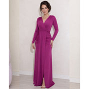 Vestido Longo drapeado com fenda manga longa elegante festa casamento