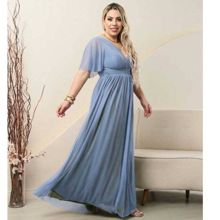 vestido feminino rubi elegante tule com manga fluida , para festas, casamento e formaturas