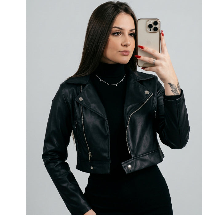 Jaqueta Feminina Couro Fake Preta Estilo Motoqueira Com Zíper Moda Inverno Blogueira