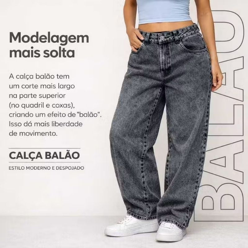 Calça Feminina Wide Leg 36 ao 48 Balão Baggy Boca Larga Estonado Moda Feminina Streetwear 100% Algodão Direto da Fábrica