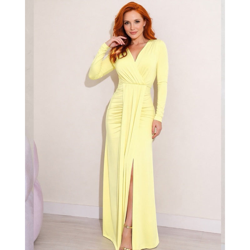 Vestido Longo drapeado com fenda manga longa elegante festa casamento