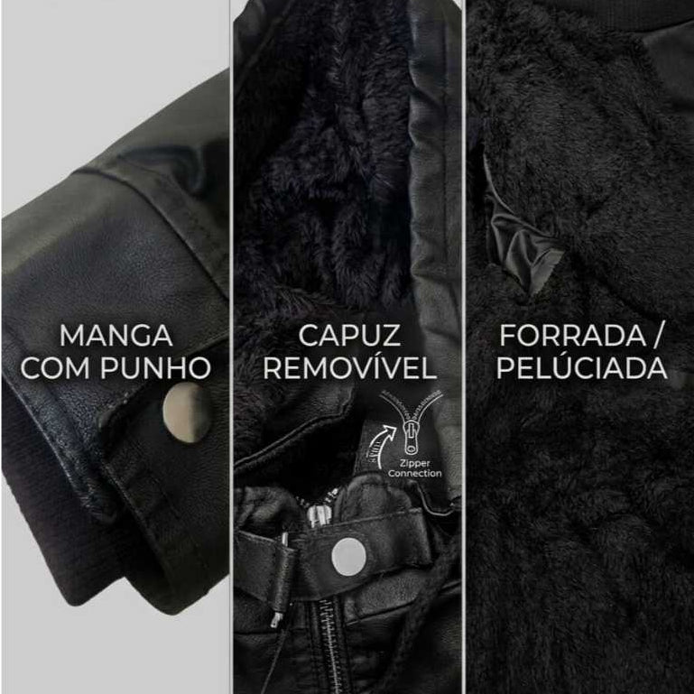 Jaqueta Couro Motoqueiro Forrada Pelo Capuz Removível Inverno Zíper Reforçado Masculina Premium Confortável Elegante