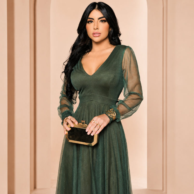 Vestido de Festa Longo com Manga Longa Transparente Para Ocasiões Especiais