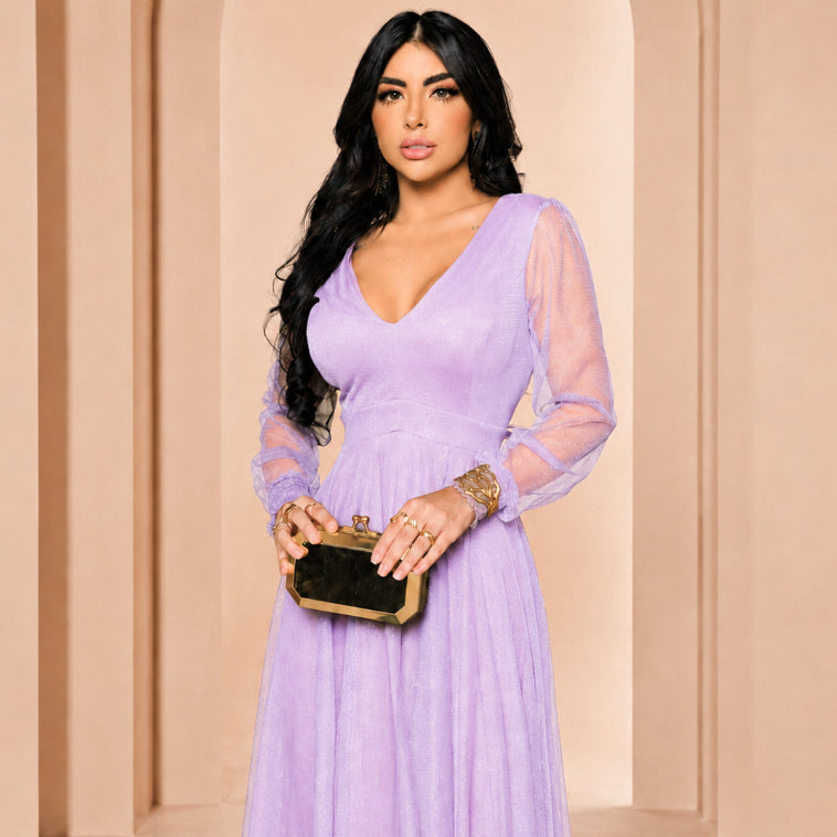 Vestido de Festa Longo com Manga Longa Transparente Para Ocasiões Especiais