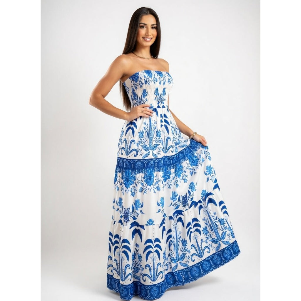 Vestido Floral Longo Tomara que Caia Feminino Casual Elegante Leve Verão Tendência