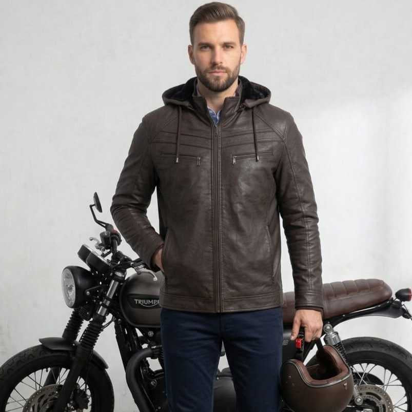 Jaqueta Couro Motoqueiro Forrada Pelo Capuz Removível Inverno Zíper Reforçado Masculina Premium Confortável Elegante