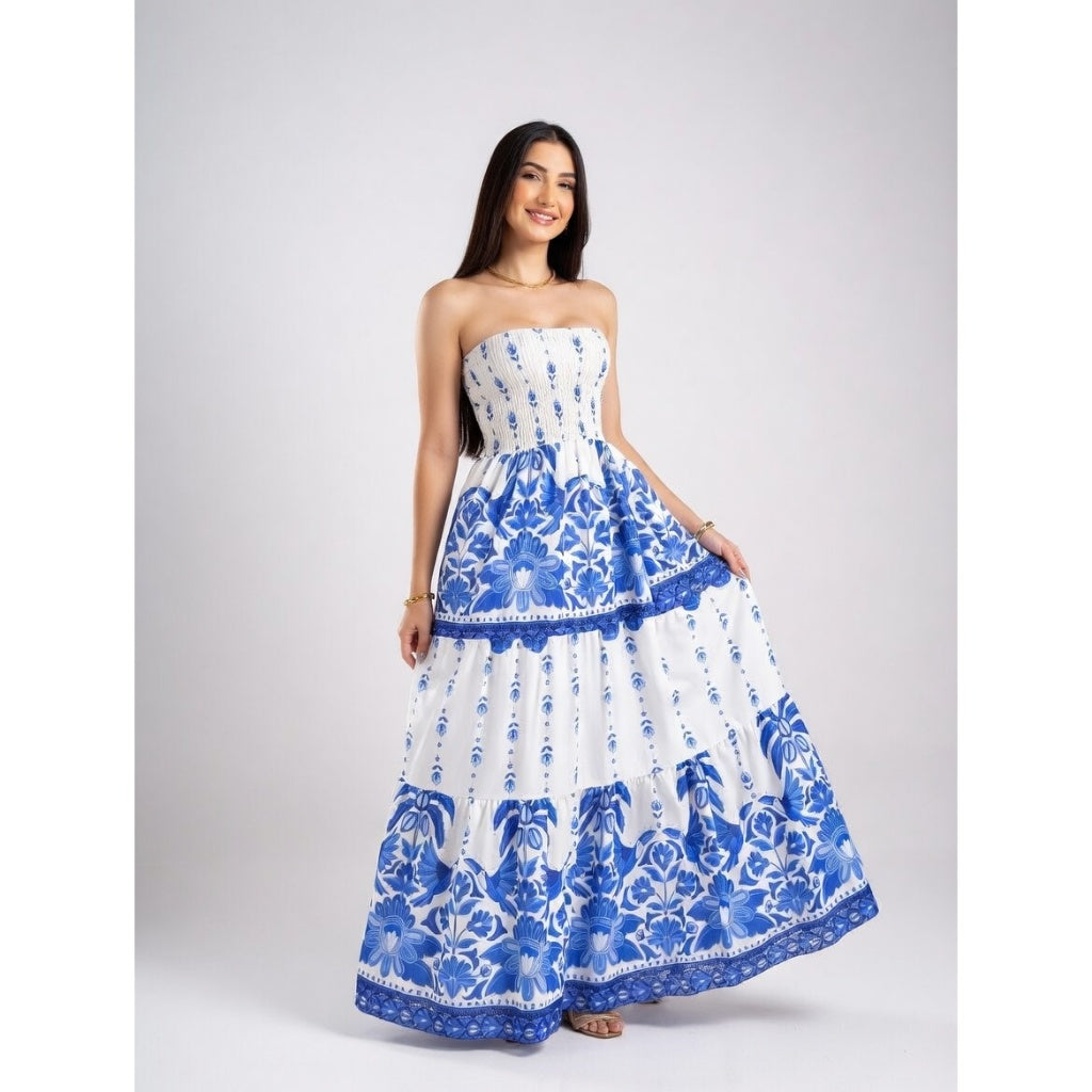 Vestido Floral Longo Tomara que Caia Feminino Casual Elegante Leve Verão Tendência