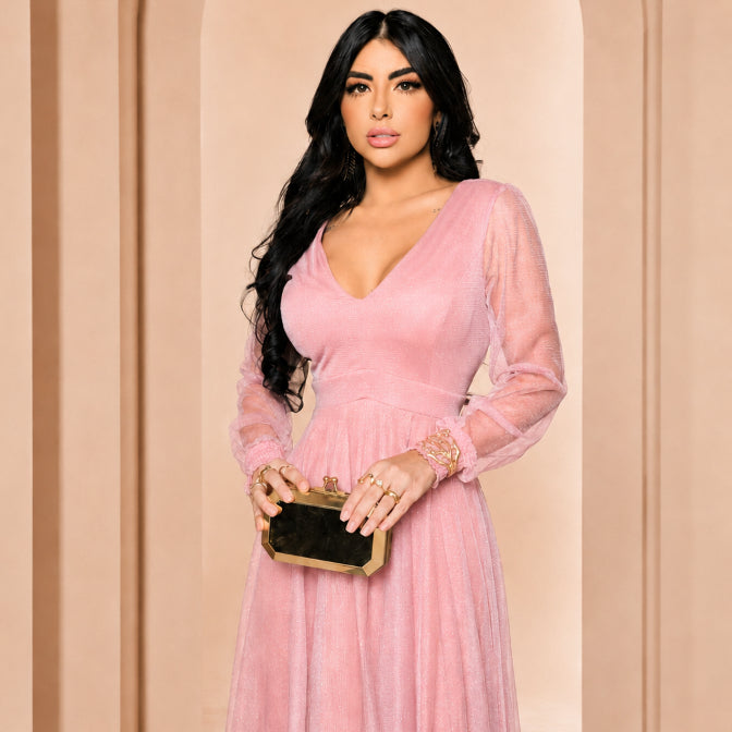 Vestido de Festa Longo com Manga Longa Transparente Para Ocasiões Especiais