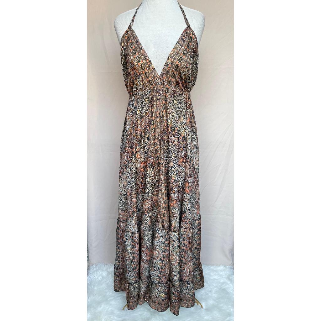 Vestido Longo Seda Indiana Frente Única Costa Nua- Estilo Boho Chic