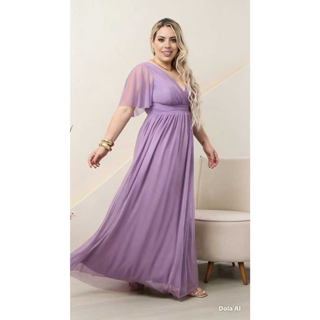 vestido feminino rubi elegante tule com manga fluida , para festas, casamento e formaturas
