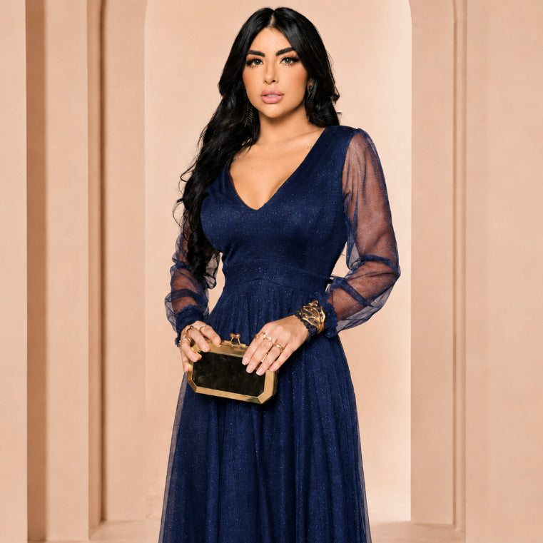 Vestido de Festa Longo com Manga Longa Transparente Para Ocasiões Especiais