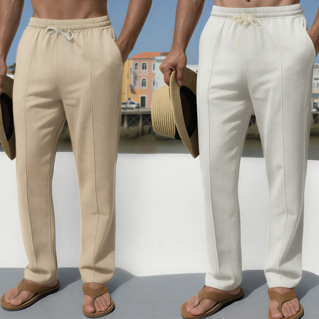 Kit 2 Calça Linho Masculina Reta Cintura Elástica Cordão — Casual Praia Verão Wide Leg Confortável