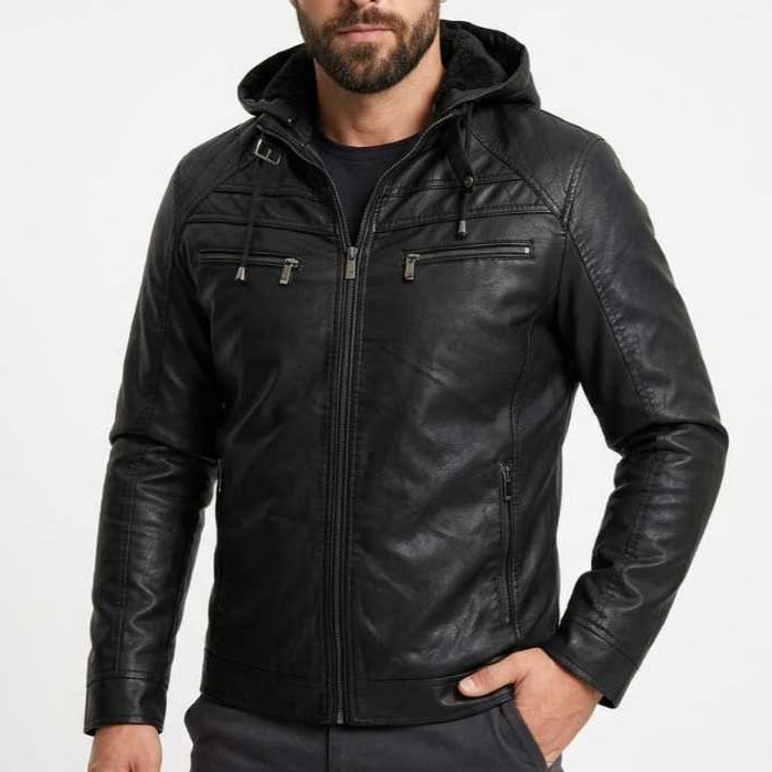 Jaqueta Couro Motoqueiro Forrada Pelo Capuz Removível Inverno Zíper Reforçado Masculina Premium Confortável Elegante