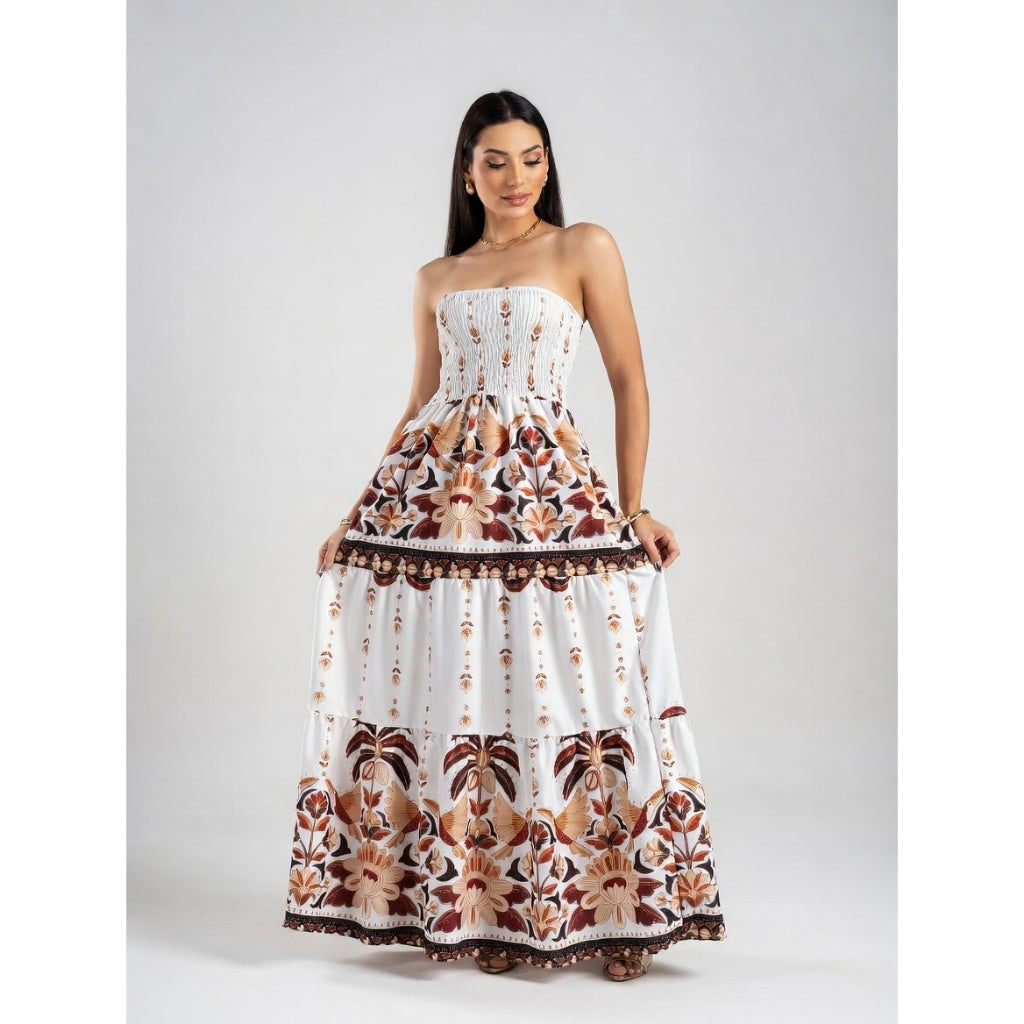 Vestido Floral Longo Tomara que Caia Feminino Casual Elegante Leve Verão Tendência