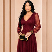 Vestido de Festa Longo com Manga Longa Transparente Para Ocasiões Especiais
