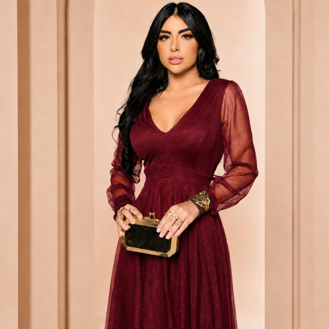 Vestido de Festa Longo com Manga Longa Transparente Para Ocasiões Especiais