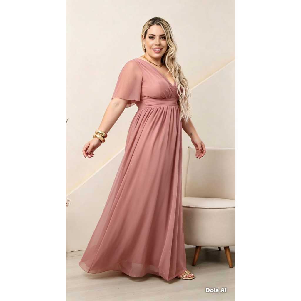 vestido feminino rubi elegante tule com manga fluida , para festas, casamento e formaturas