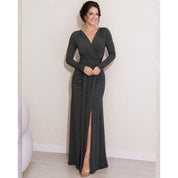 Vestido Longo drapeado com fenda manga longa elegante festa casamento