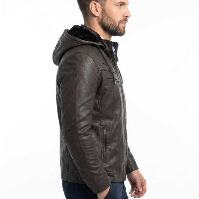 Jaqueta Couro Motoqueiro Forrada Pelo Capuz Removível Inverno Zíper Reforçado Masculina Premium Confortável Elegante