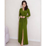 Vestido Longo drapeado com fenda manga longa elegante festa casamento