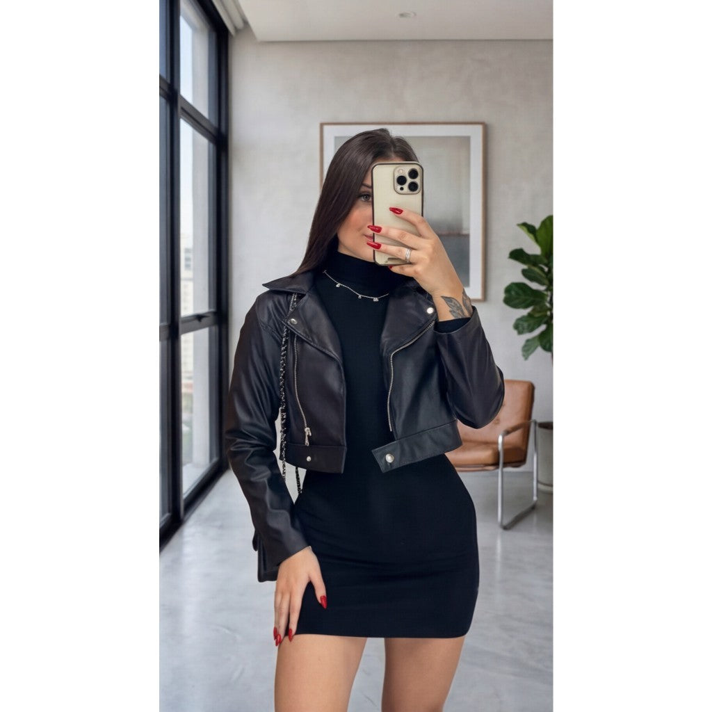 Jaqueta Feminina Couro Fake Preta Estilo Motoqueira Com Zíper Moda Inverno Blogueira