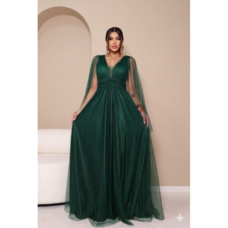 vestido de madrinha manga capa brilhoso decote V ideal para festas formandas