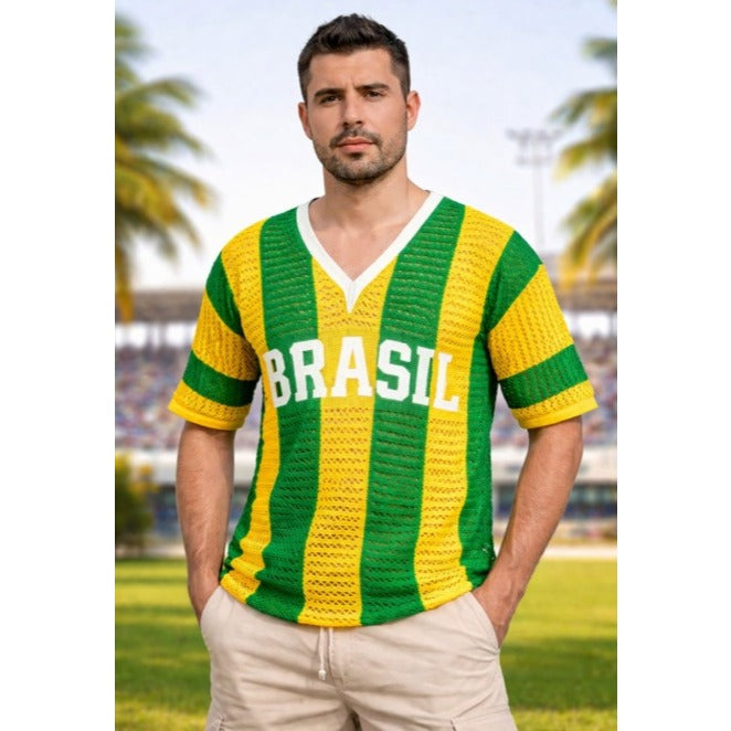 Blusa Brasil Masculino Tricot listrada decote V