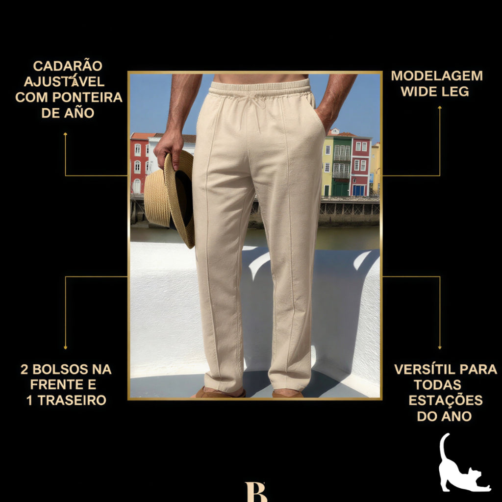 Kit 2 Calça Linho Masculina Reta Cintura Elástica Cordão — Casual Praia Verão Wide Leg Confortável