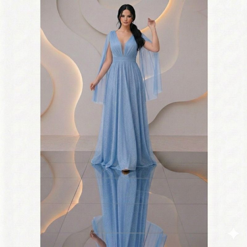 vestido de madrinha manga capa brilhoso decote V ideal para festas formandas