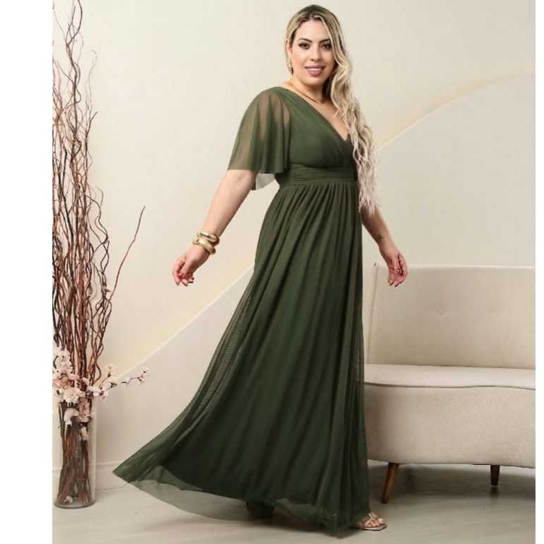 vestido feminino rubi elegante tule com manga fluida , para festas, casamento e formaturas