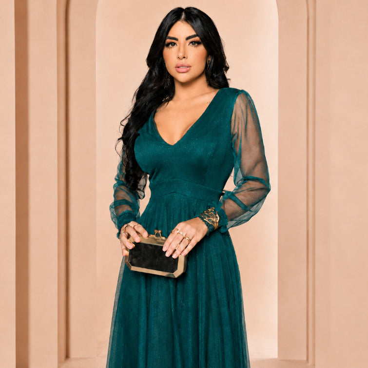 Vestido de Festa Longo com Manga Longa Transparente Para Ocasiões Especiais
