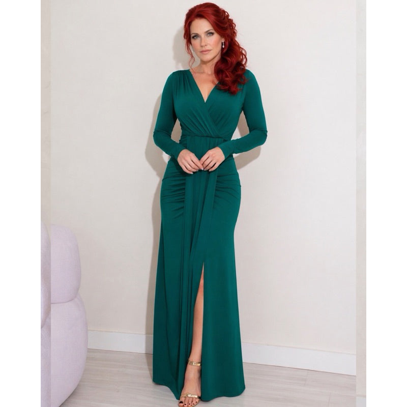 Vestido Longo drapeado com fenda manga longa elegante festa casamento