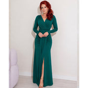 Vestido Longo drapeado com fenda manga longa elegante festa casamento