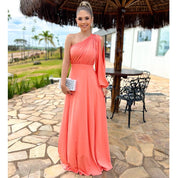 Vestido Longo Feminino Social Uma Manga Longa Festa Casamento