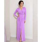 Vestido Longo drapeado com fenda manga longa elegante festa casamento