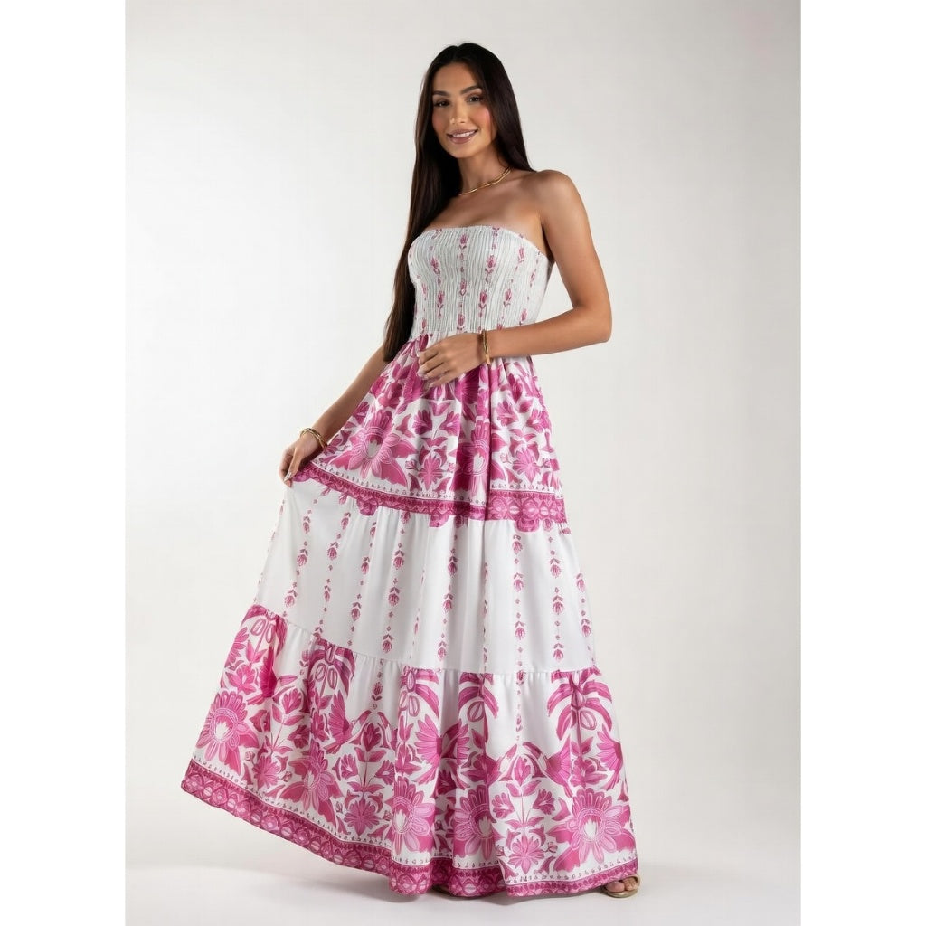 Vestido Floral Longo Tomara que Caia Feminino Casual Elegante Leve Verão Tendência