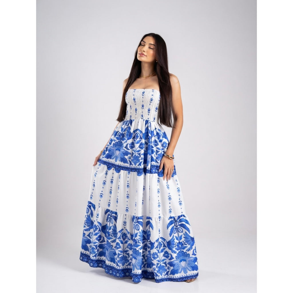 Vestido Floral Longo Tomara que Caia Feminino Casual Elegante Leve Verão Tendência
