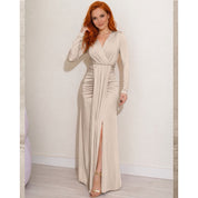 Vestido Longo drapeado com fenda manga longa elegante festa casamento