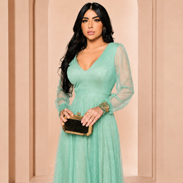 Vestido de Festa Longo com Manga Longa Transparente Para Ocasiões Especiais
