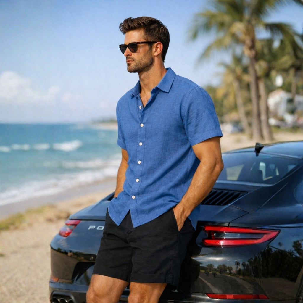 Camisa Linho Masculina Social Gola Italiana Casual Luxo Premium Manga Curta