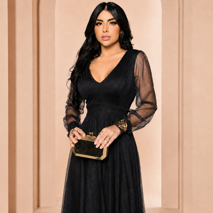 Vestido de Festa Longo com Manga Longa Transparente Para Ocasiões Especiais
