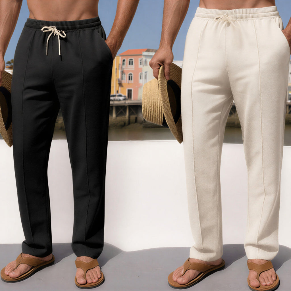 Kit 2 Calça Linho Masculina Reta Cintura Elástica Cordão — Casual Praia Verão Wide Leg Confortável
