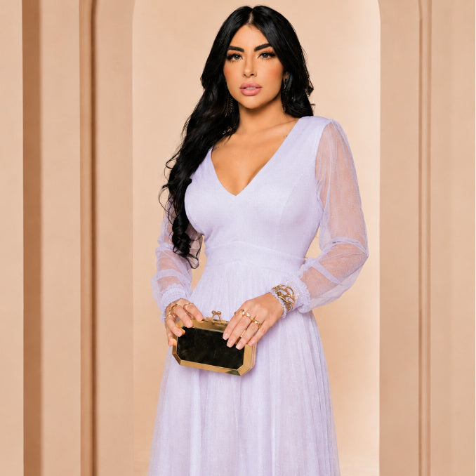 Vestido de Festa Longo com Manga Longa Transparente Para Ocasiões Especiais