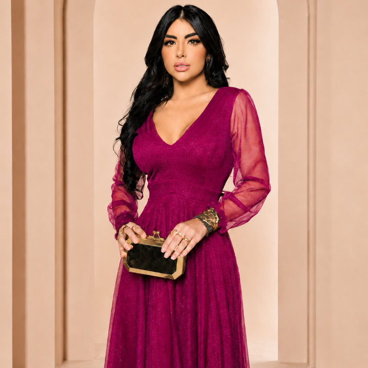 Vestido de Festa Longo com Manga Longa Transparente Para Ocasiões Especiais