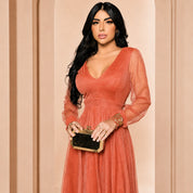Vestido de Festa Longo com Manga Longa Transparente Para Ocasiões Especiais