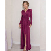 Vestido Longo drapeado com fenda manga longa elegante festa casamento
