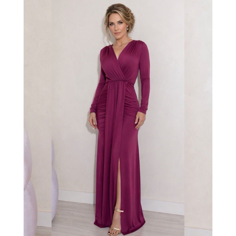 Vestido Longo drapeado com fenda manga longa elegante festa casamento