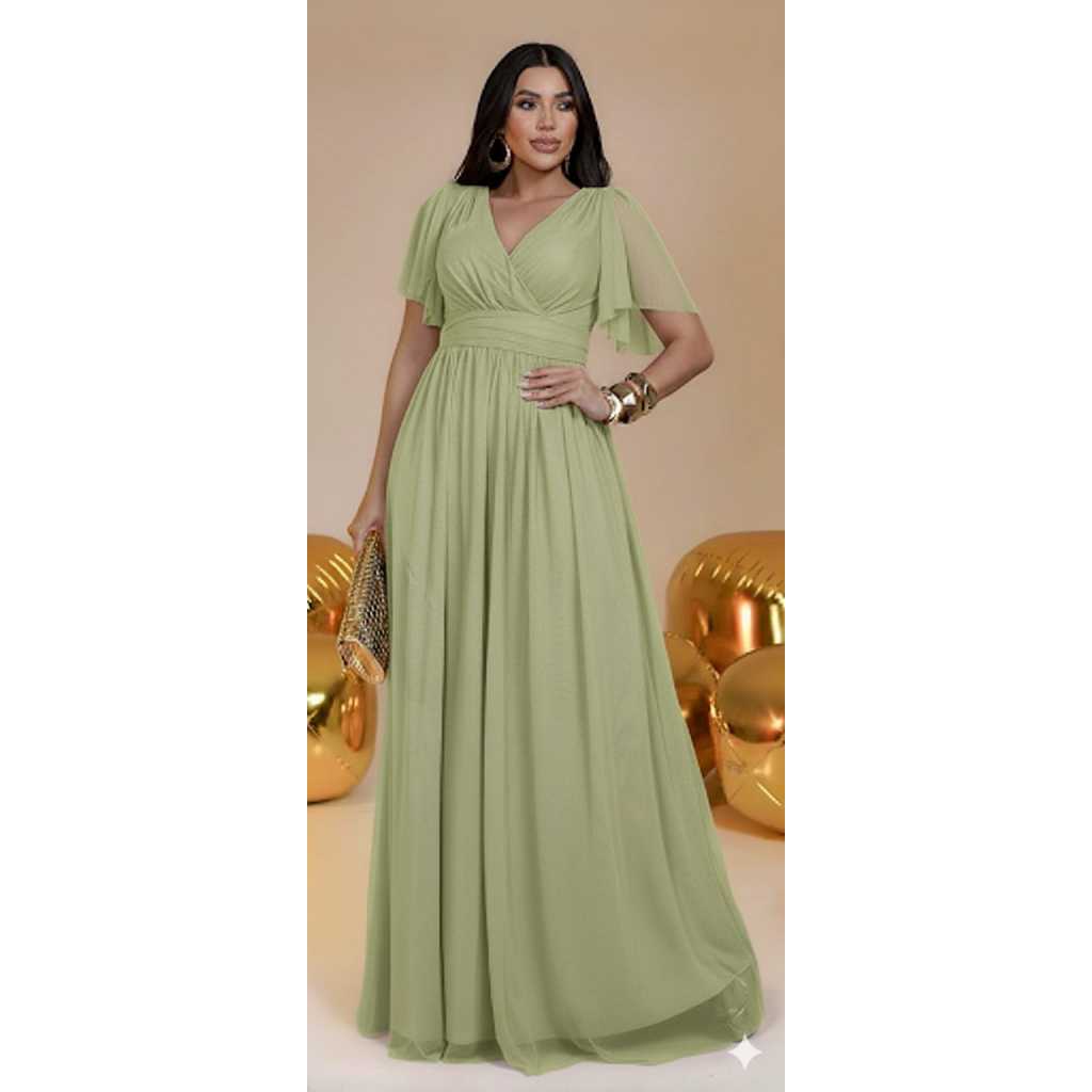vestido feminino rubi elegante tule com manga fluida , para festas, casamento e formaturas