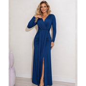 Vestido Longo drapeado com fenda manga longa elegante festa casamento