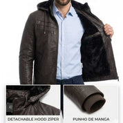 Jaqueta Couro Motoqueiro Forrada Pelo Capuz Removível Inverno Zíper Reforçado Masculina Premium Confortável Elegante
